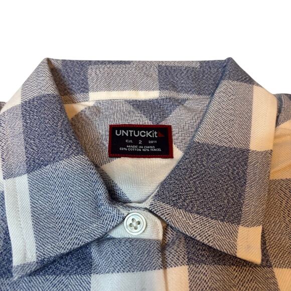 UNTUCKit Blue White Buffalo Check Button Down Shirt Cotton Tencel Size 2 - Picture 4 of 5